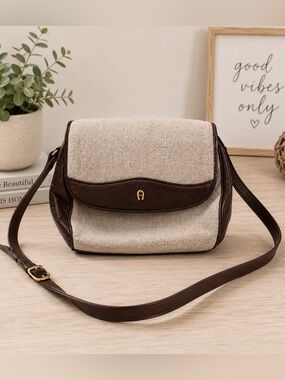 Beige Aigner Canvas and Burgundy Leather Crossbody Bag